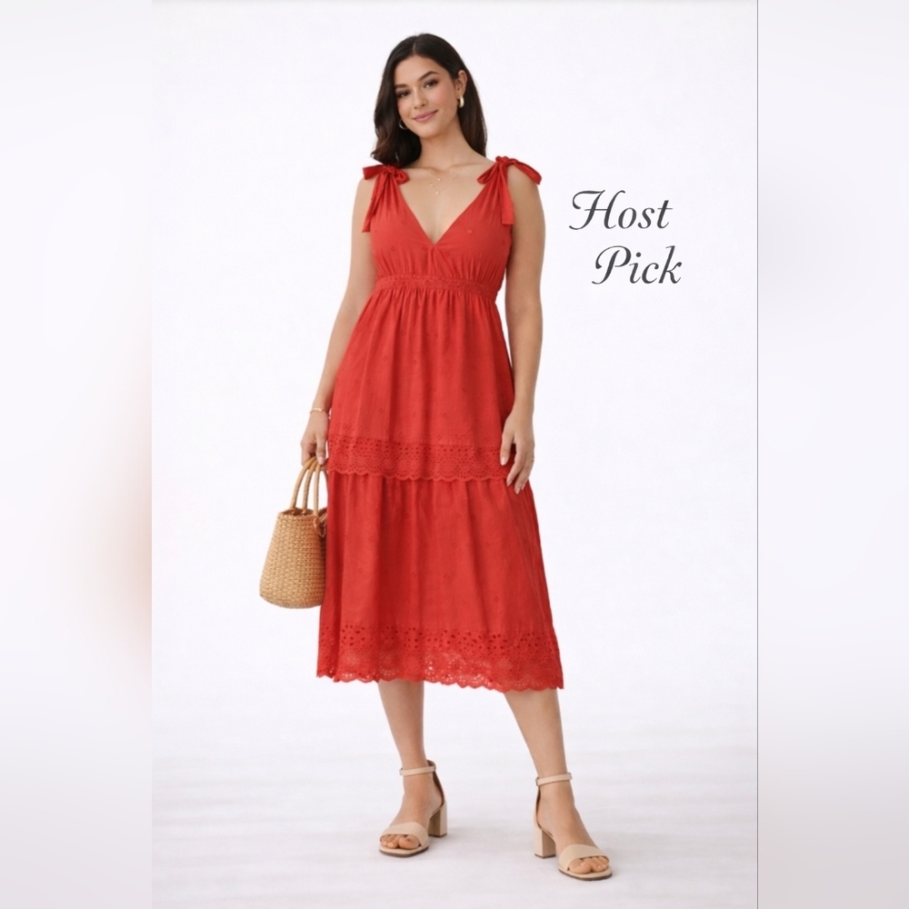 Dex Red Eyelet Lace Midi Dress – 100% Cotton – Size M